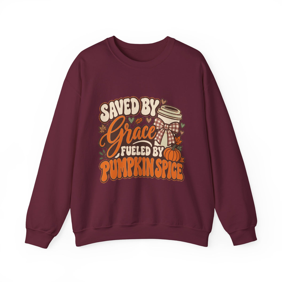 Crewneck Sweatshirt - "Saved by Grace, Fueled by Pumpkin Spice" Fall Faith Graphic