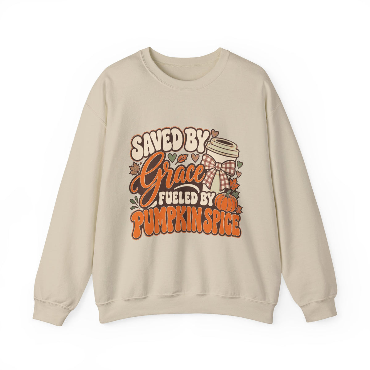 Crewneck Sweatshirt - "Saved by Grace, Fueled by Pumpkin Spice" Fall Faith Graphic