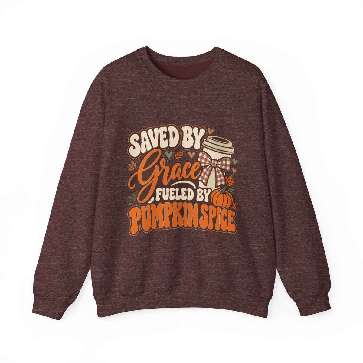 Crewneck Sweatshirt - "Saved by Grace, Fueled by Pumpkin Spice" Fall Faith Graphic