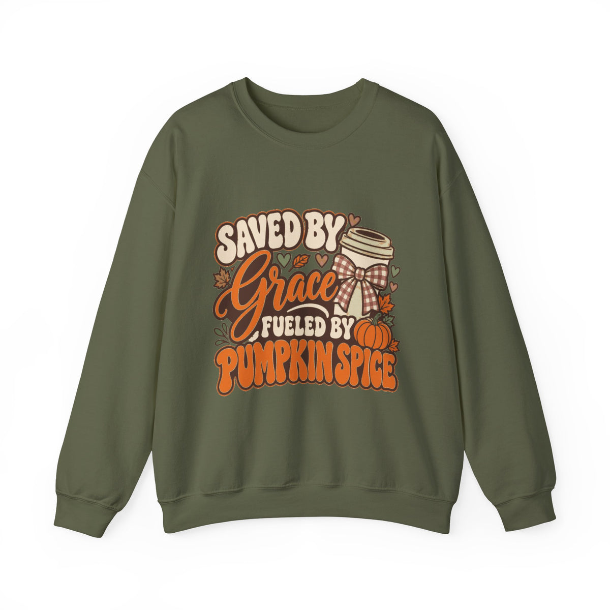 Crewneck Sweatshirt - "Saved by Grace, Fueled by Pumpkin Spice" Fall Faith Graphic